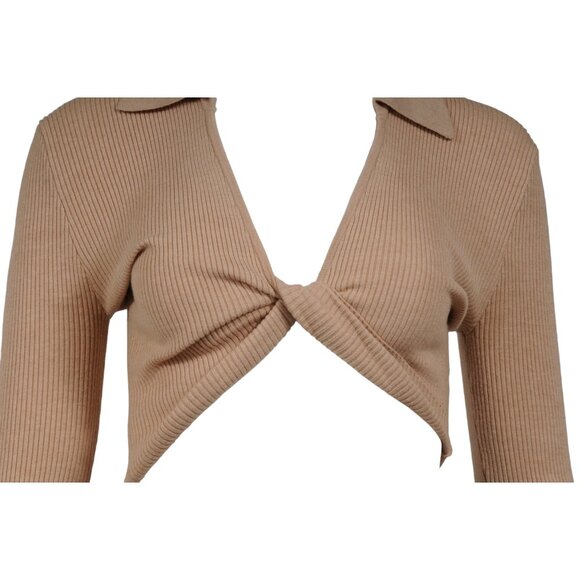 Misha Womens Renata Top US 0 Sand Tan Viscose Nylon Collared Front Twist Knot - Picture 3 of 7